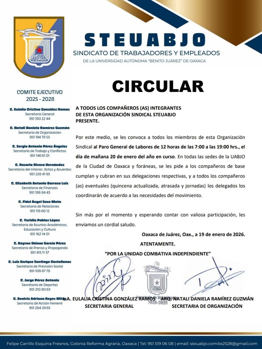 Despierta_Oax's tweet photo. 📢El STEUABJO informó un paro de labores de 12 horas, de 7:00 a 19:00 horas, para este martes 20 de enero. No se detallaron las acciones a realizar; únicamente señalaron que estarán presentes en escuelas, institutos y facultades de Oaxaca.

#STEUABJO #Oaxaca #ParoDeLabores #UABJO https://t.co/CgVvE6CPQi