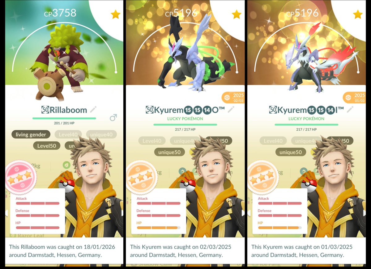 I still don't have a hundo Kyurem so I'll have to settle for these shiny 98%.
Maybe the sacrifice of 600 XL candies will bring me luck in future trades?
#maxoutmonday

Rillaboom L50 ✅ 
Kyurem black L50 ✅ 
Kyurem white L50 ✅ 

Total L50: 716
Unique L50: 572