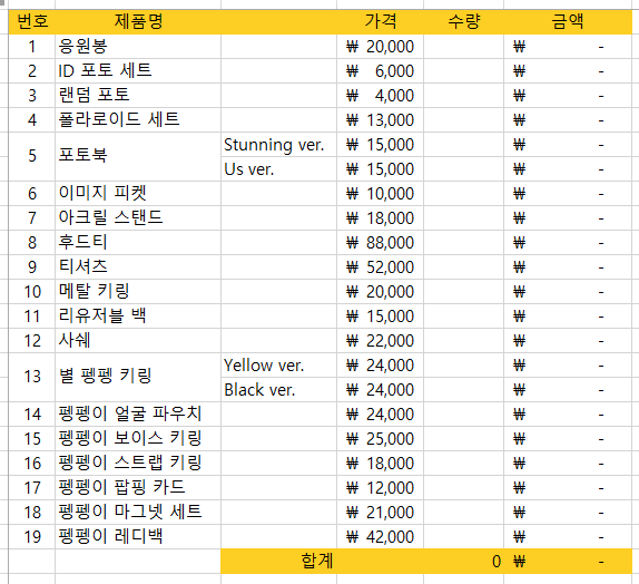 굿즈 구매 계산하기 쉽게 엑셀 시트 만들었어요 ㅋㅋㅋㅋㅋ
저장하시고 사용하시믄 됩니다 ㅋㅋㅋㅋ
quickshare.samsungcloud.com/wSWssJb3qrnc