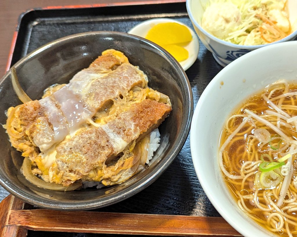 masafumi317's tweet photo. どんどんと河本が隣り合わせなのがいいけど、今日はカツ丼の気分だった！

昔、河本は徳山駅ビルや18番街にあって気軽に行けてたのに、今じゃここしかなくて滅多に来ることはなくなったから、濃い味のカツ丼は外せない😆
また、ミニミニセットのお陰で少なめなのがありがたい🙏

おはぎはお土産👍 https://t.co/NvwVZMIKFz