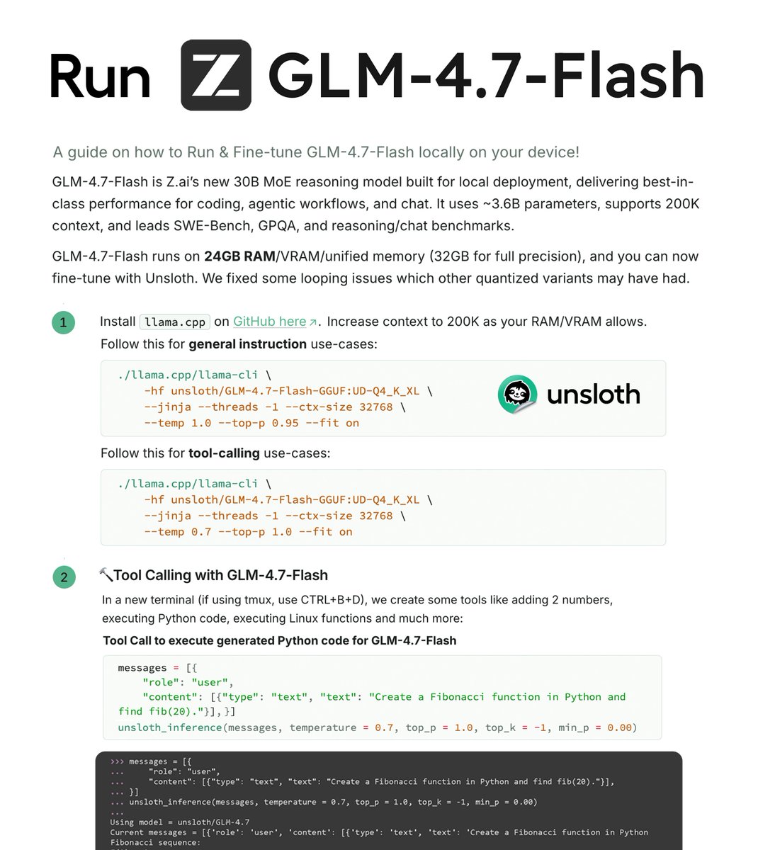 UnslothAI's tweet image. You can now run GLM-4.7-Flash locally on your device!🔥

GLM-4.7-Flash is the best performing 30B model on SWE-Bench and GPQA. With 200K context, it excels at coding, agents, chat &amp;amp; reasoning.

Run local with 24GB RAM.

Guide: unsloth.ai/docs/models/gl…
GGUF: huggingface.co/unsloth/GLM-4.…