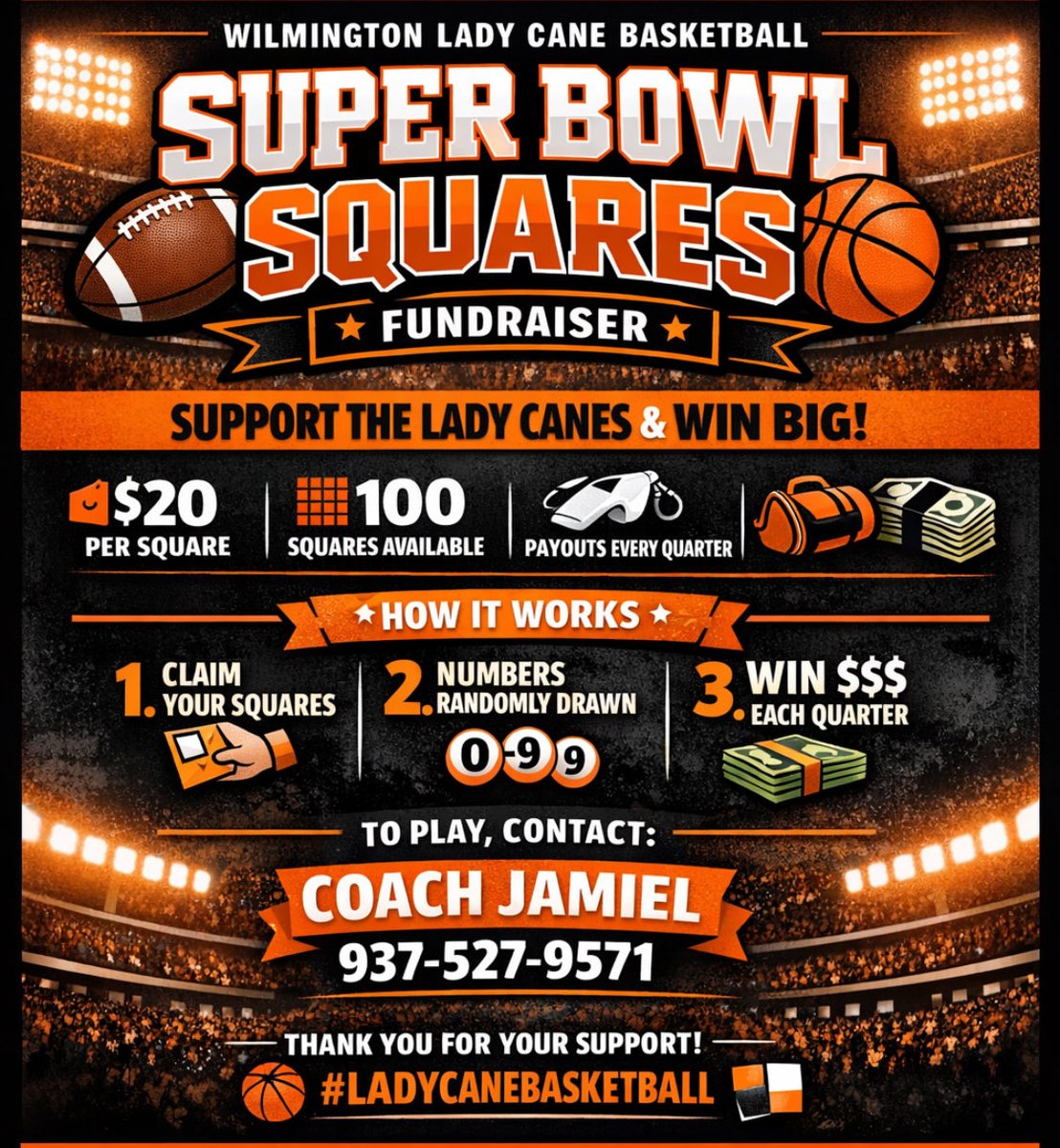 Support our Lady Canes Basketball team.  Possibly win some cash during the Super Bowl game!!           👀 👇🏾👇🏾
