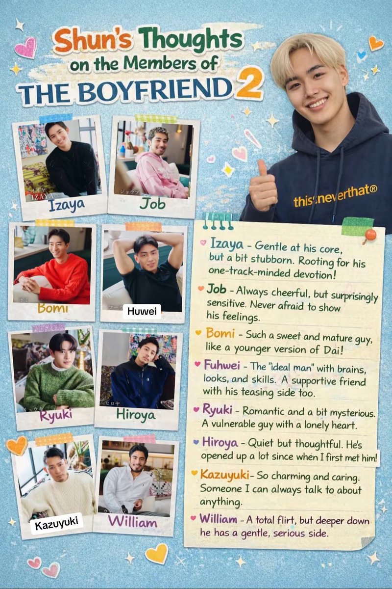 Oadnaux's tweet photo. Shun’s thoughts on The Boyfriend 2

https://t.co/NdhXNDdFNC

#Shunnakanishi #TheBoyfriendSeason2 #DaiShun 

(Just to clarify: his name is Jobu, not Job 🙅‍♀️) https://t.co/bF1df7xZH1