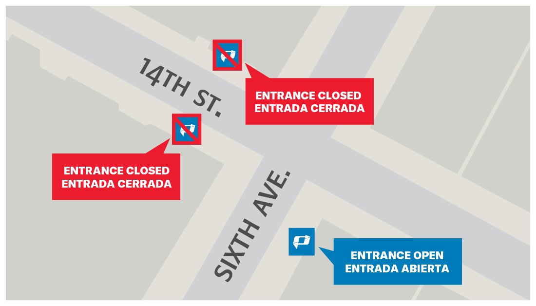 PATHTrain's tweet image. 12:20 AM: All service at 14 St operates from 33 St-bound track until 5am. The single entrance to the 33 St-bound track is on the east side of 6 Av.