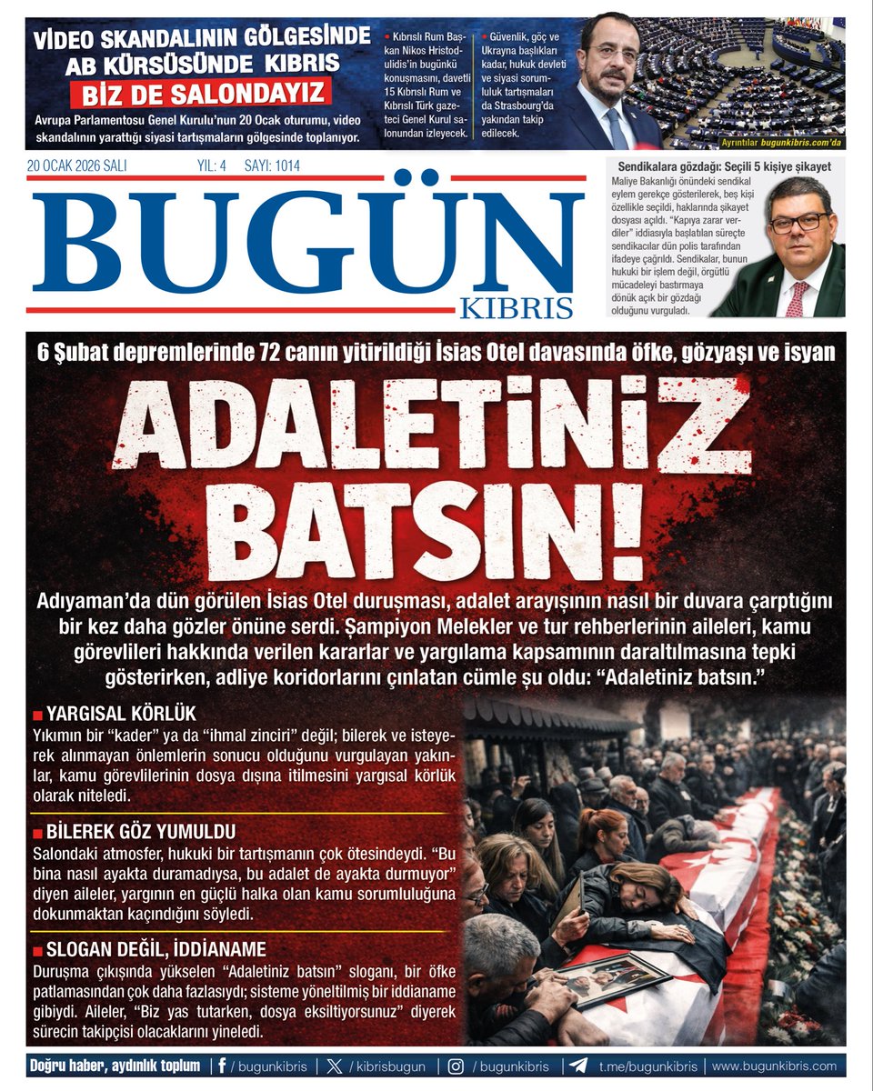 kibrisbugun's tweet photo. 6 Şubat depremlerinde 72 canın yitirildiği İsias Otel davasında öfke, gözyaşı ve isyan

ADALETİNİZ BATSIN!

📍Adıyaman’da dün görülen İsias Otel duruşması, adalet arayışının nasıl bir duvara çarptığını bir kez daha gözler önüne serdi. Şampiyon Melekler ve tur rehberlerinin aileleri, kamu görevlileri hakkında verilen kararlar ve yargılama kapsamının daraltılmasına tepki gösterirken, adliye koridorlarını çınlatan cümle şu oldu: “Adaletiniz batsın.”

YARGISAL KÖRLÜK
Yıkımın bir “kader” ya da “ihmal zinciri” değil; bilerek ve isteyerek alınmayan önlemlerin sonucu olduğunu vurgulayan yakınlar, kamu görevlilerinin dosya dışına itilmesini yargısal körlük olarak niteledi.

BİLEREK GÖZ YUMULDU
Salondaki atmosfer, hukuki bir tartışmanın çok ötesindeydi. “Bu bina nasıl ayakta duramadıysa, bu adalet de ayakta durmuyor” diyen aileler, yargının en güçlü halka olan kamu sorumluluğuna dokunmaktan kaçındığını söyledi.

SLOGAN DEĞİL, İDDİANAME
Duruşma çıkışında yükselen “Adaletiniz batsın” sloganı, bir öfke patlamasından çok daha fazlasıydı; sisteme yöneltilmiş bir iddianame gibiydi. Aileler, “Biz yas tutarken, dosya eksiltiyorsunuz” diyerek sürecin takipçisi olacaklarını yineledi.