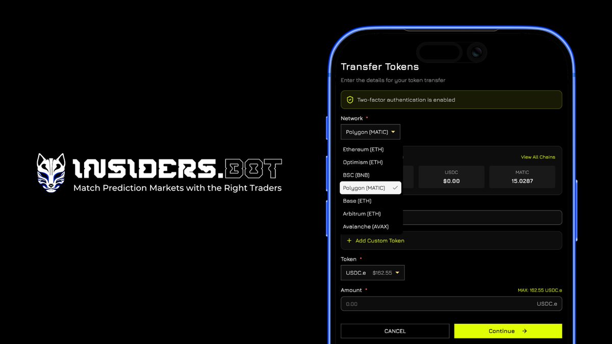 insidersdotbot's tweet image. More updates implemented:

1) Auto-redeem is now available for both trading and copy-trading. You no longer need to manually redeem your funds after resolution.

2) The multi-chain wallet is now displayed in the FE. If you make a mistaken deposit, you can reclaim the funds…