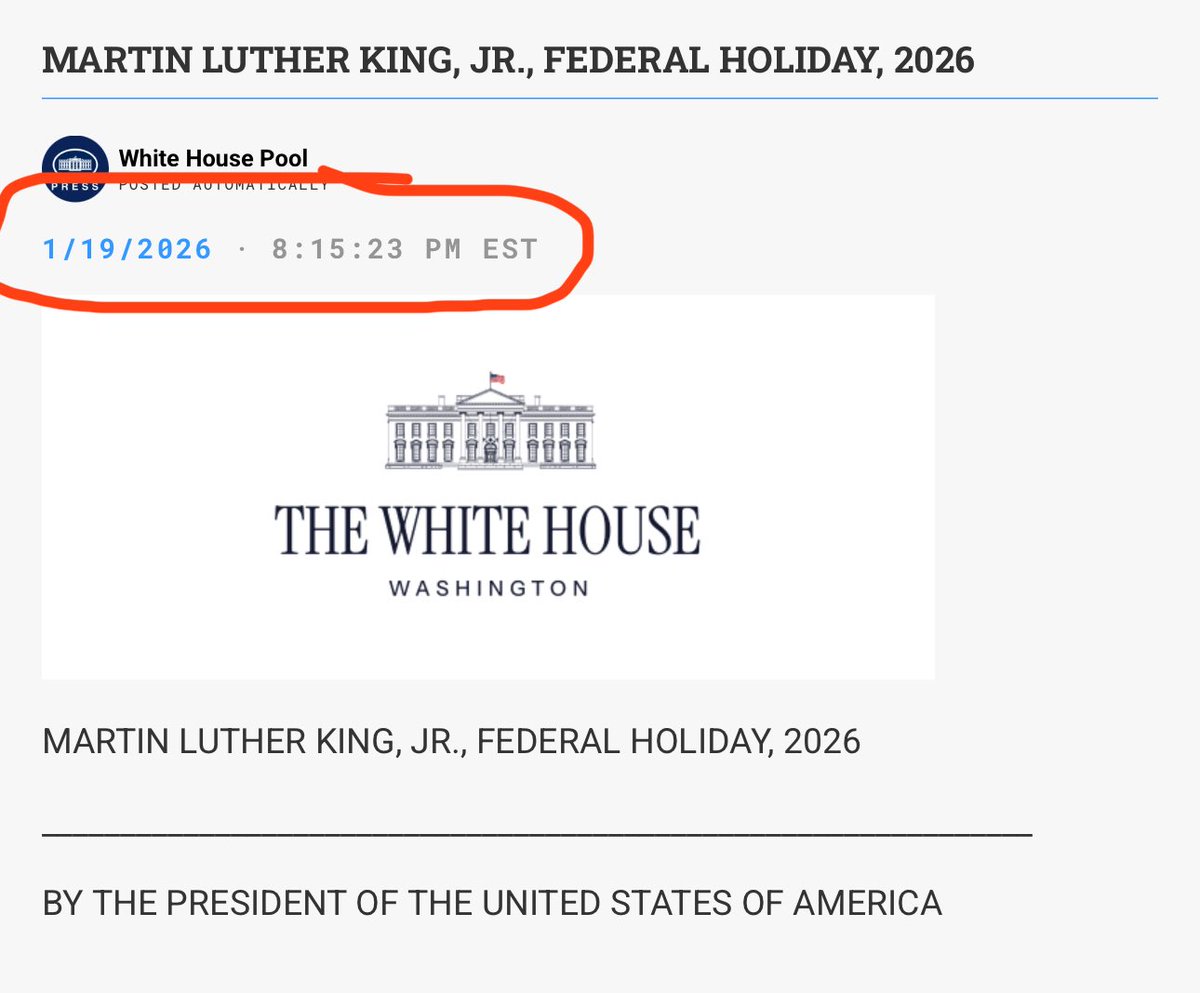 patriottakes's tweet photo. The Trump administration sent their MLK proclamation to the press at 8:15 PM EST.

This was not simply an afterthought. They were shamed into doing something every other president has done for the last 40 years. https://t.co/wCpWgj2x0D