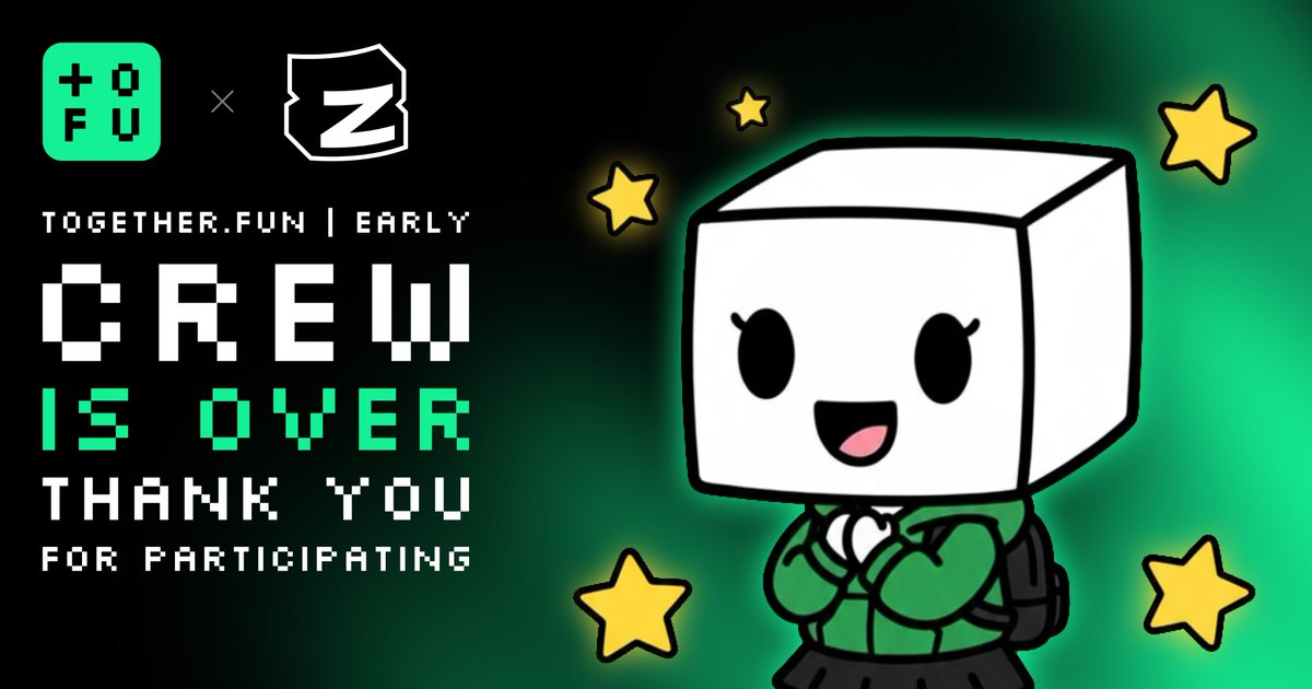 Together.fun | Early Crew - COMPLETED ✅

The TOFU Early Crew quest is officially wrapped on Zealy 🕹️🟩
Big love to everyone who joined early, stacked XP, and kept it fun the whole way.

🏆 Congrats to the winners - you really ran the arcade.
To everyone else: if you