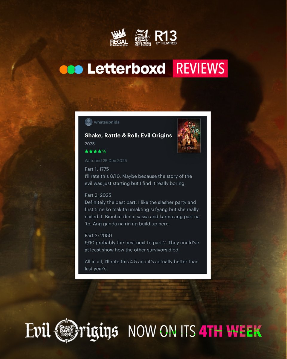 RegalFilms's tweet image. Shake Rattle and Roll: Evil Origins is still haunting cinemas nationwide on its 4th week.

If you haven’t screamed yet—this is your sign.
🎬 Sama-sama tayong matakot sa big screen.

#SRREvilOrigins #FourthWeek #StillShowing #SamaSamaMatakot