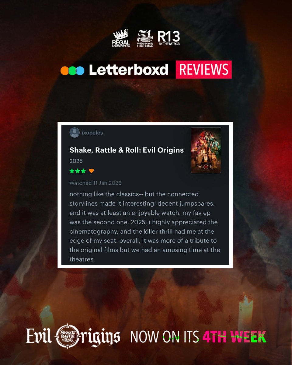 RegalFilms's tweet image. Shake Rattle and Roll: Evil Origins is still haunting cinemas nationwide on its 4th week.

If you haven’t screamed yet—this is your sign.
🎬 Sama-sama tayong matakot sa big screen.

#SRREvilOrigins #FourthWeek #StillShowing #SamaSamaMatakot