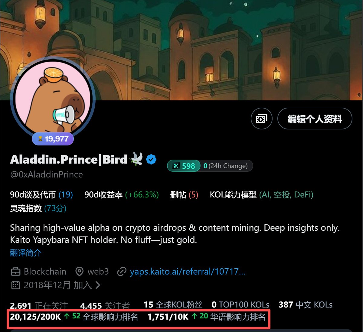 蓝V互关还在进行中，我离5000 名越来越近了，目前仅剩2859 个名额！ 我目前在@xhunt_ai 全球排名2  万名左右，华语区排名1800名左右，权重比较高。 一起冲起来，冲蓝