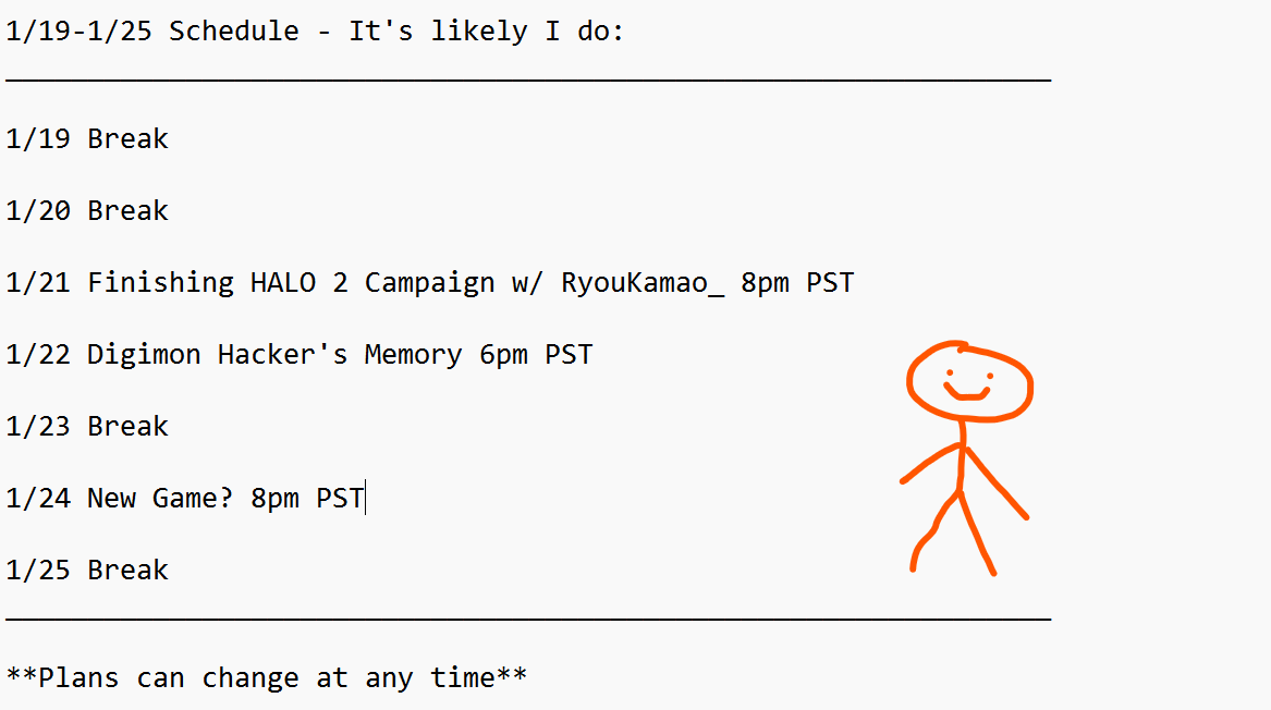A tad late, but here we go. I really want to beat Hacker's Memory this week so we can finally move on to newer things. 

But work might throw me a curveball so i might make some changes, but if no changes heres the plan