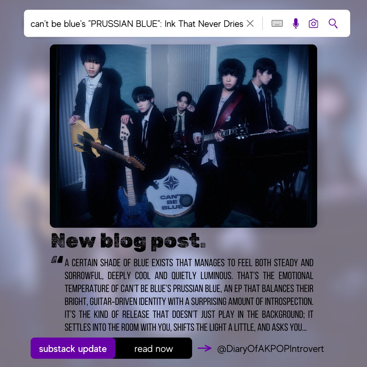 AKPOPIntrovert's tweet image. can't be blue just painted heartbreak in HD! 🎨 I'm diving into their new EP "PRUSSIAN BLUE" &amp;amp; its blend of sorrow &amp;amp; strength. What's your shade of blue?
Read: open.substack.com/pub/diaryofakp…
#cantbeblue #PRUSSIANBLUE #Kpop #KIndie #Band #NewMusic #Review #DiaryOfAKPOPIntrovert
