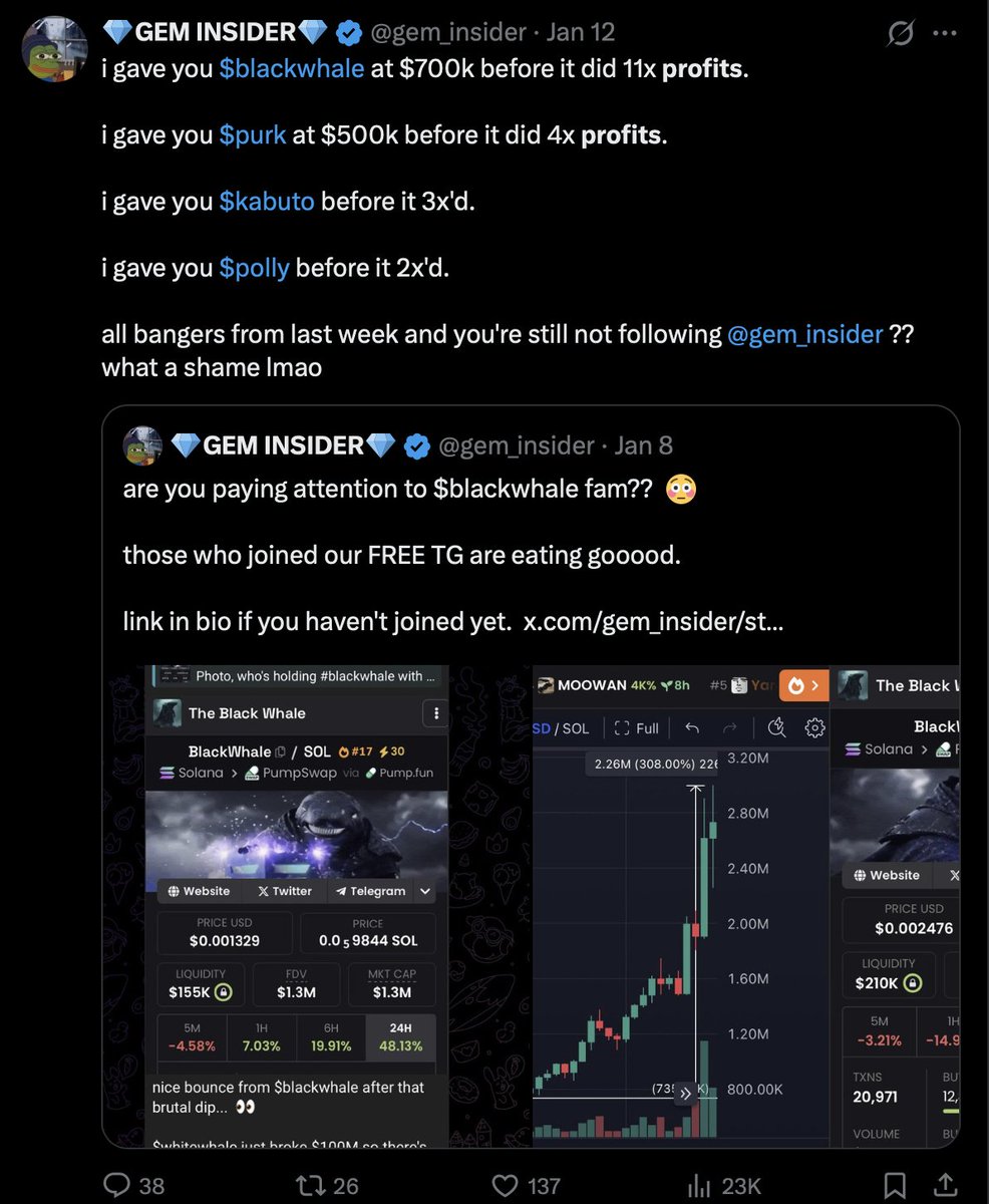 OUR BEST CALLS IN 2025/2026 (SO FAR)!  🫡

best calls in Q1 2026: 
$HACHI $7M -> $33M (4x profits)
$BLACKWHALE $700k -> $8.8M (11x)
#雪球 (snowball) $11M -> $57M (5x)
$PURK $500k -> $2M (4x)
$BINGWU $500k -> $1.4M (3x)
$POLLY $1M -> $2.1M (2x)

best calls in Q4 2025: 
$DUST $1M