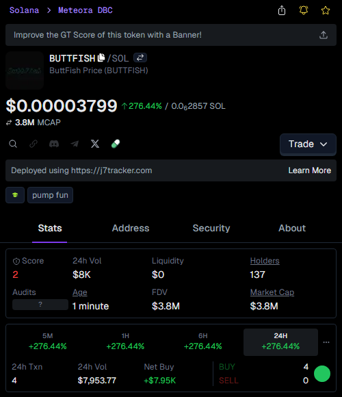 zanedegen's tweet image. Yo, called $BUTTFISH at $29.6k 🔥  
Now sitting on $3.8M 💸  
128.6X profit—this one hit EARLY 🚀  

Still can’t believe how wild this ride’s been lol 😅

👉 Check #BUTTFISH signal: t.me/milotrad/224872
📊 Chart: gmgn.ai/sol/token/yV7x…

$BUTTFISH