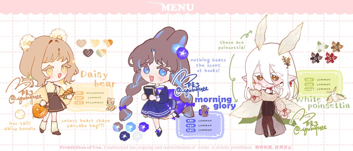 _yukiflake's tweet image. 【⋆.𐙚 ̊ ғʟᴏᴡᴇʀᴛᴀɪʟs • sᴜɢɢᴇsᴛɪᴏɴ ʙᴏx ❀】

Feel free to suggest flowers/fruits, themes, or simply drop 3 emojis to suggest what design I should do next~! ♡

You may suggest more than one! 🫶