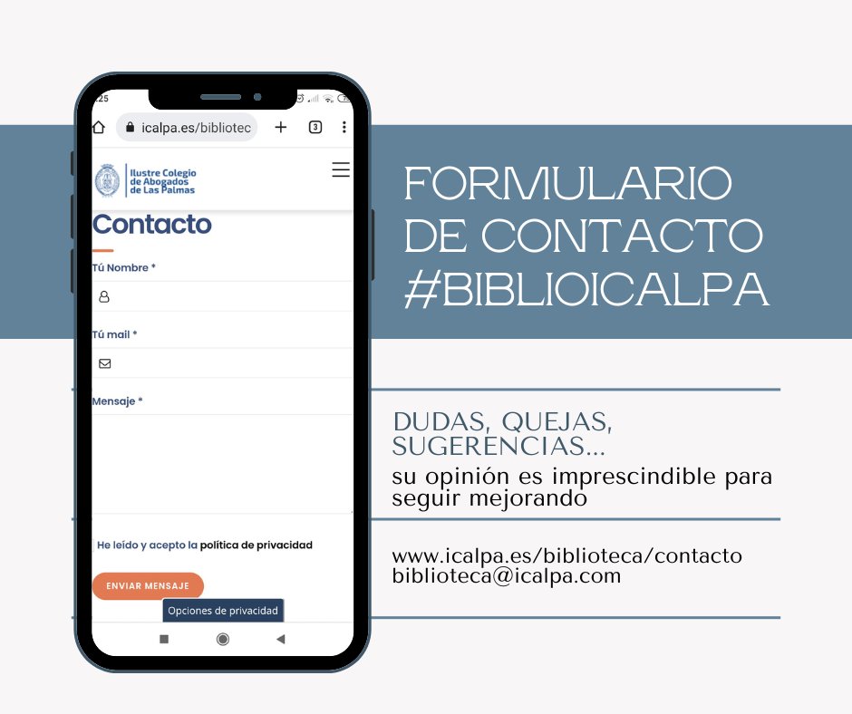 Buenos días a todos/as, feliz martes
Tienen algo que contarnos? Dudas, quejas, sugerencias? A través del formulario online de #BiblioIcalpa pueden trasladarnos estas cuestiones y ayudarnos a mejorar. Su opinión es imprescindible para nosotros:
icalpa.es/biblioteca/con…