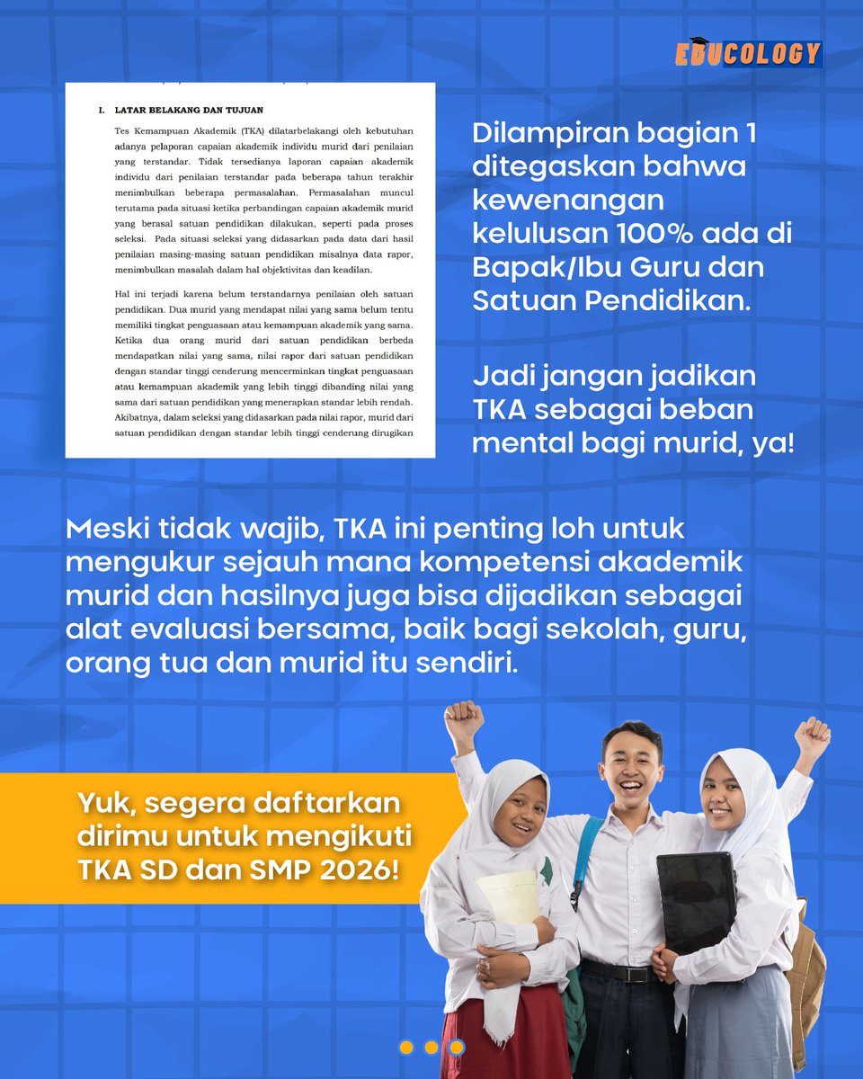 educology_id's tweet image. Sahabat Edu, pendaftaran TKA 2026 untuk jenjang SD/sederajat dan SMP/sederajat telah dibuka loh per hari Senin kemarin.. 

Buat kamu yang masih bingung sebenarnya TKA menentukan kelulusan atau tidak, geser slidenya sampai selesai ya 😉✨

#TKA #AyoIkutTKA #EdukatifdanInformatif