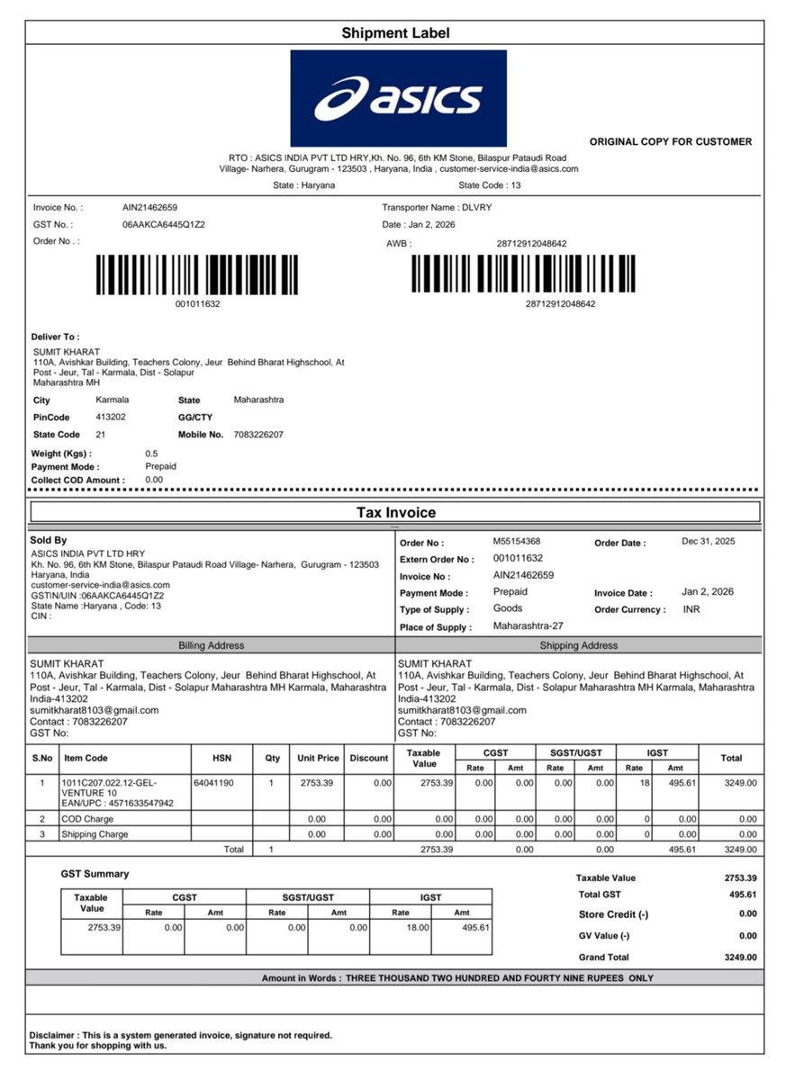 Sumitkharat8103's tweet photo. @ASICS_India followed all the guidelines provided, ensuring that I adhered to the return policy by returning the item promptly. Despite this, I have not yet received my refund of 3,249 rupees. So, I would appreciate your assistance in processing my refund as soon as possible. https://t.co/BGhr9Ba1pM