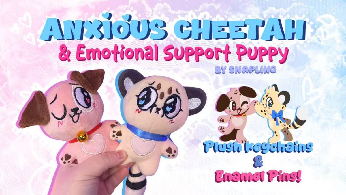 Friends❗ Pre-orders for the Anxious Cheetah and Emotional Support Puppy Plush &amp; Pin Set have started! Two cute plush toys, are you ready to take them home? 🥳

👉We're very happy to collaborate with <a href="/snaplingart/">snapling</a>（ins） to produce Anxious Cheetah and Emotional Support Puppy Plush