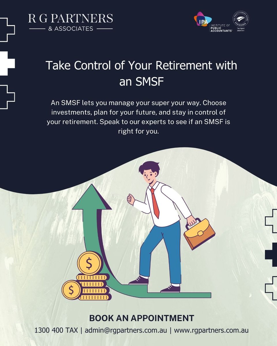 rgpartners_au's tweet image. Take Control of Your Retirement with an SMSF

Speak to our experts to see if an SMSF is right for you.

Book an appointment today.
Call:1300 400 TAX
Email:admin@rgpartners.com.au
Visit:rgpartners.com.au

#SMSF #SelfManagedSuper #RetirementPlanning #Superannuation #SuperFund