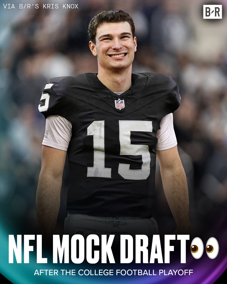 BleacherReport's tweet photo. Here's what the latest Mock Draft looks like after the National Championship game 🍿🏆

21. STEELERS: QB Ty Simpson, Alabama
 
8. SAINTS: RB Jeremiyah Love, Notre Dame

5. GIANTS: S Caleb Downs, Ohio State

1. RAIDERS: QB Fernando Mendoza, Indiana 

Click here to see the full first round 🔗: https://t.co/VbIfomOJys