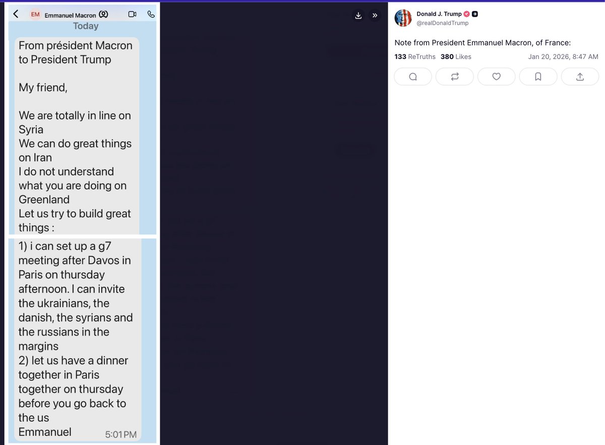 Trump just shared a text message from Macron.

My friend,
We are totally in line on Syria.
We can do great things on Iran.
I do not understand what you are doing on Greenland.

I can set up a G7 meeting after Davos in Paris on Thursday.