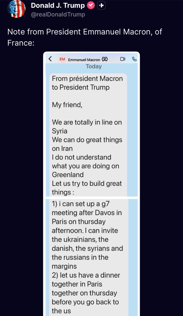 KobeissiLetter's tweet image. BREAKING: President Trump posts a text message he received from France's President Macron:

"I do not understand what you are doing on Greenland, let us try to build great things," Macron says.

Macron then sets up a meeting with Trump in Switzerland including Ukraine, Denmark,…