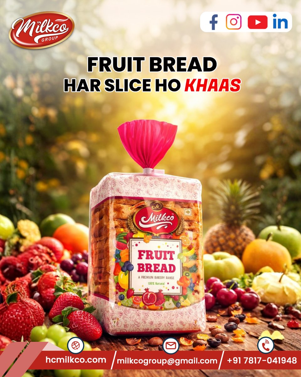hcmilkco's tweet image. 🍓🍍 Har slice mein fruits ka magic!
Milkco Fruit Bread — soft, sweet aur har slice ho khaas ✨🍞

📍 Website: hcmilkco.com
📧 Email: milkcogroup@gmail.com
📞 Call Us: +91 7817 041948

#FruitBread #HarSliceHoKhaas #MilkcoGroup