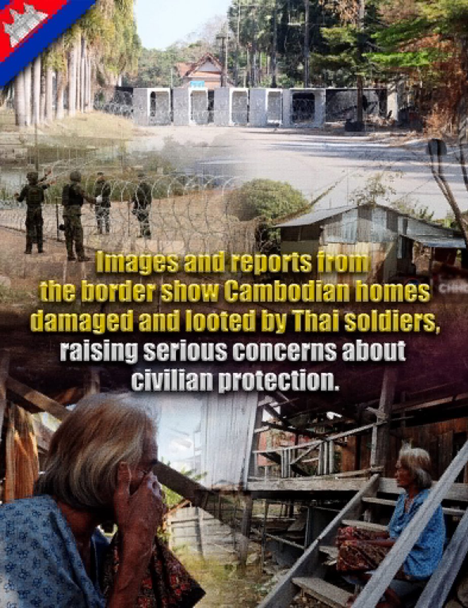 SlyKH811's tweet image. The destruction of civilian homes by the Thai military is a violation of the Geneva Conventions and international human rights law.
#Gevena #Humanrights #invasion #Truth from the #border #JusticeForCambodia #Civilian