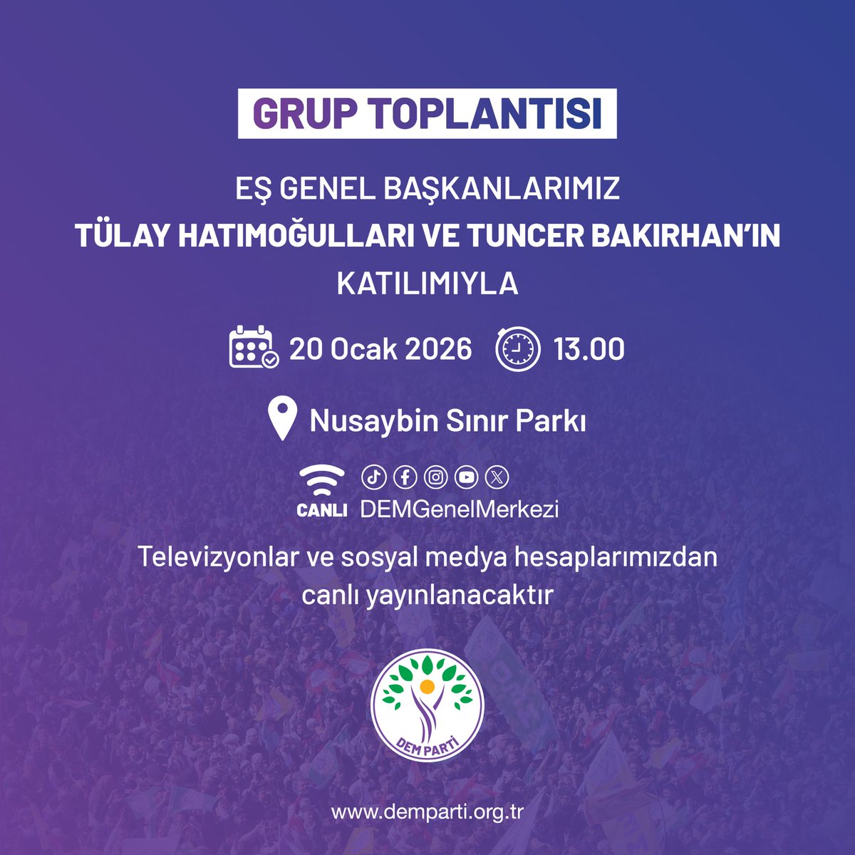 DEMGenelMerkezi's tweet image. Eş Genel Başkanlarımız Tülay Hatimoğulları ve Tuncer Bakırhan’ın katılımıyla Grup Toplantımız, Kuzey ve  Doğu Suriye'ye yönelik saldırılar nedeniyle bugün (20 Ocak Salı) saat 13:00’te Nusaybin’de yapılacaktır.