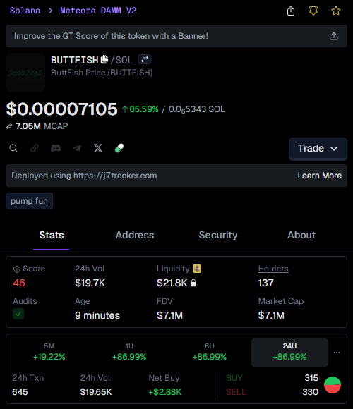zanedegen's tweet image. Caught $BUTTFISH just right at $29.6k 🚀  
Now sitting on $7.4M 🎉  
250.3X profit... yeah, feels AMAZING 😎  
Who else is riding this rocket? Let’s gooo! 🚀🔥

👉 Check #BUTTFISH signal: t.me/milotrad/224872
📊 Chart: gmgn.ai/sol/token/yV7x…

$BUTTFISH