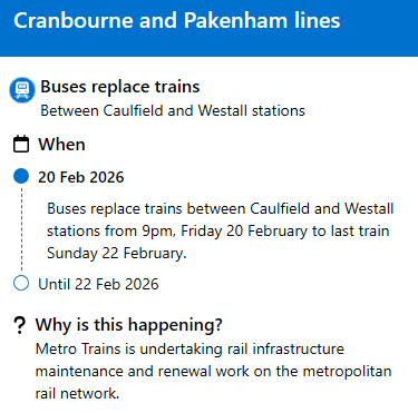 literar63's tweet image. The first post-big switch rail disruption on the Metro Tunnel line will occur on a weekend in late Feb. Nothing new to see. excited for the first tunnel closure &amp;amp; bus replacements when they inevitably arrive (planned or unplanned)