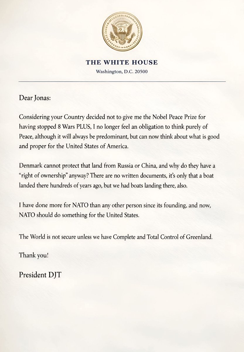 Trump's letter to the PM of Norway. Hard to believe that this is real, but it is real. What a time to be alive! Now in search of nobel <a href="/realDonaldTrump/">Donald J. Trump</a>  ji can do anything 😂🤣