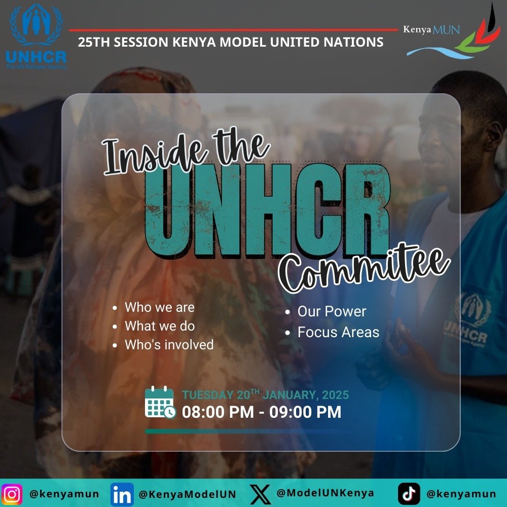 Step inside the UNHCR Committee as we prepare for the 25th KMUN Conference. Get a clear introduction to one of the UN’s most impactful bodies, its mandate, role, relevance, and global impact on refugees and host communities.
🔗 meet.google.com/pre-nkxx-hso
#KMUN #25thsession