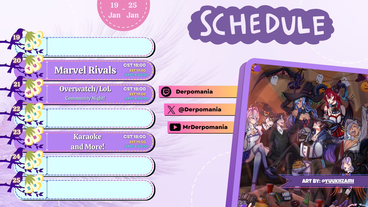 🕊️📺Stream Schedule Jan. 19th - 25th.📺🕊️

I be singin' on Friday! :)

#Vtuber #ENVtuber