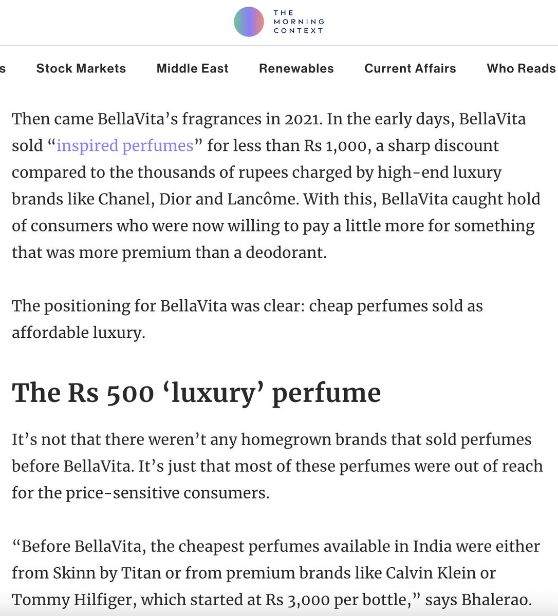 goyalhiral's tweet image. The story of how BellaVita became the largest perfume brand in India in less than 5 years. 

Full story (paywalled): themorningcontext.com/internet/bella…
@MorningContext