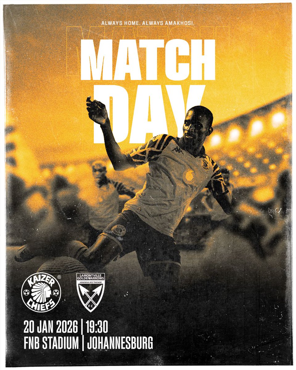 Match Day!

🏆#BetwayPrem
⚽️Kaizer Chiefs vs. Golden Arrows
👕First Team
🗓️Tuesday 20 January 2026
🏟FNB Stadium 
🕞19h30
📺SuperSport 202
🎟R60, Computicket, Shoprite, My Ticket: kaizerchiefs.com/kc-tickets
👨‍👨‍👦Family Zone
📢Please come early

#Amakhosi4Life #AlwaysHome