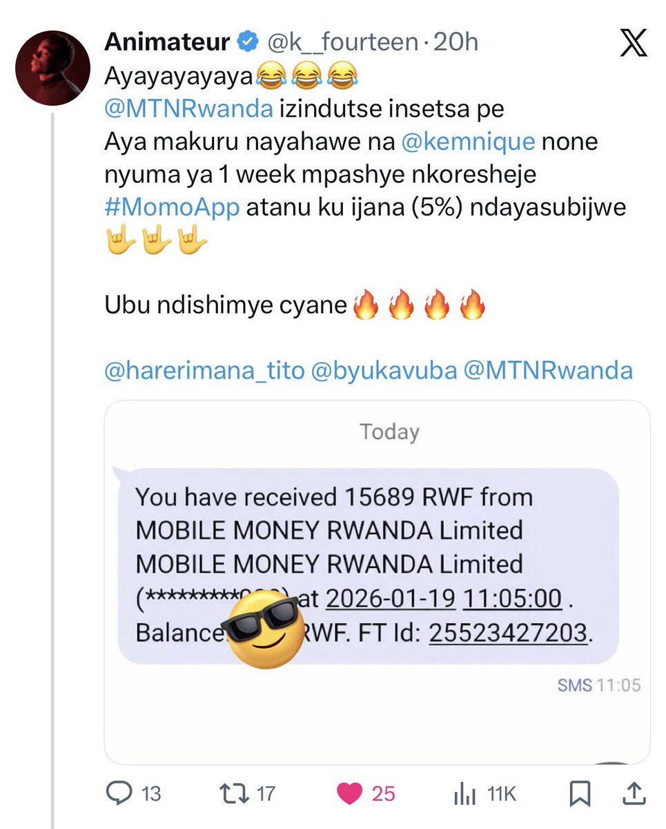 kemnique's tweet photo. Mwaramutse 😊

Ikimenyetso kigaragaza ko gukoresha #MoMoApp bifite inyungu ni uko ukiyikoresha  ubwawe ubona  itandukaniro.

Nkwibutsa  kandi ko iyo ukoresheje MoMoApp, ushobora kubona transactions zawe zose wakoze mu minsi yashize, mu buryo bworoshye kandi busesuye. https://t.co/9aZnQXWOuZ