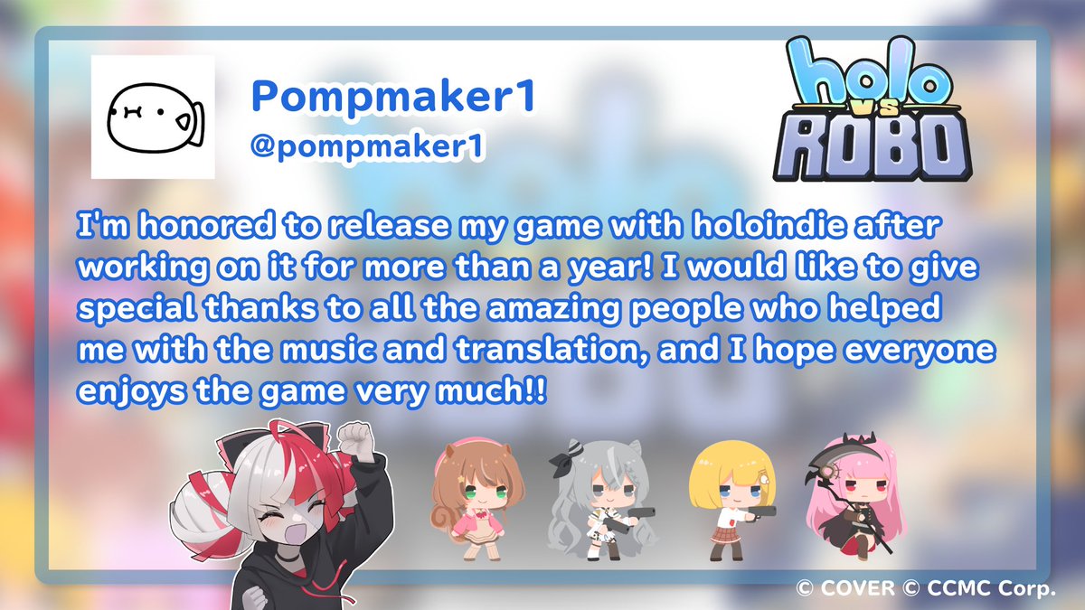 holoindie_ccmc's tweet image. 【Holo vs Robo】Now Available! ✨

We received a message from the developer, Pompmaker1 (@pompmaker1)! 👏

We hope you continue to enjoy #holovsrobo 🤖 
🔽 Steam Store
store.steampowered.com/app/4053520/Ho…