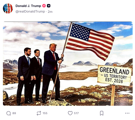 He's utterly insane. He's now on a spree of posting AI pictures of himself planting flags in Greenland.