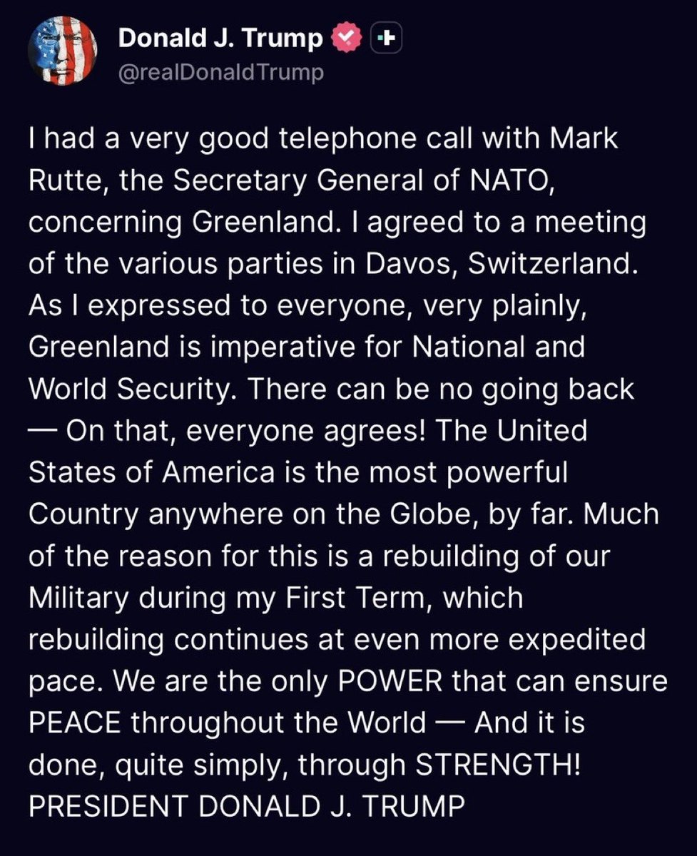🚨BREAKING: Trump says he had a great phone call with the secretary general of NATO about Greenland.

He will be meeting the various parties in Switzerland shortly.