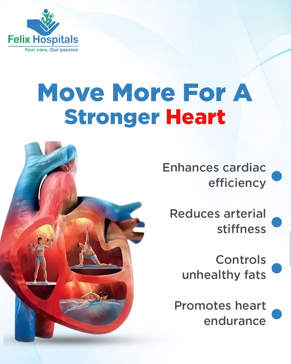 WellnessFelix's tweet photo. Move more, strengthen your heart. Regular activity improves cardiac efficiency, keeps arteries flexible, and promotes endurance.
#HeartHealth #CardioFitness #HealthyHeart #HeartWellness #CardiovascularHealth #ArteryHealth #ExerciseForHeart #FelixHospital https://t.co/Px68uqZwFM