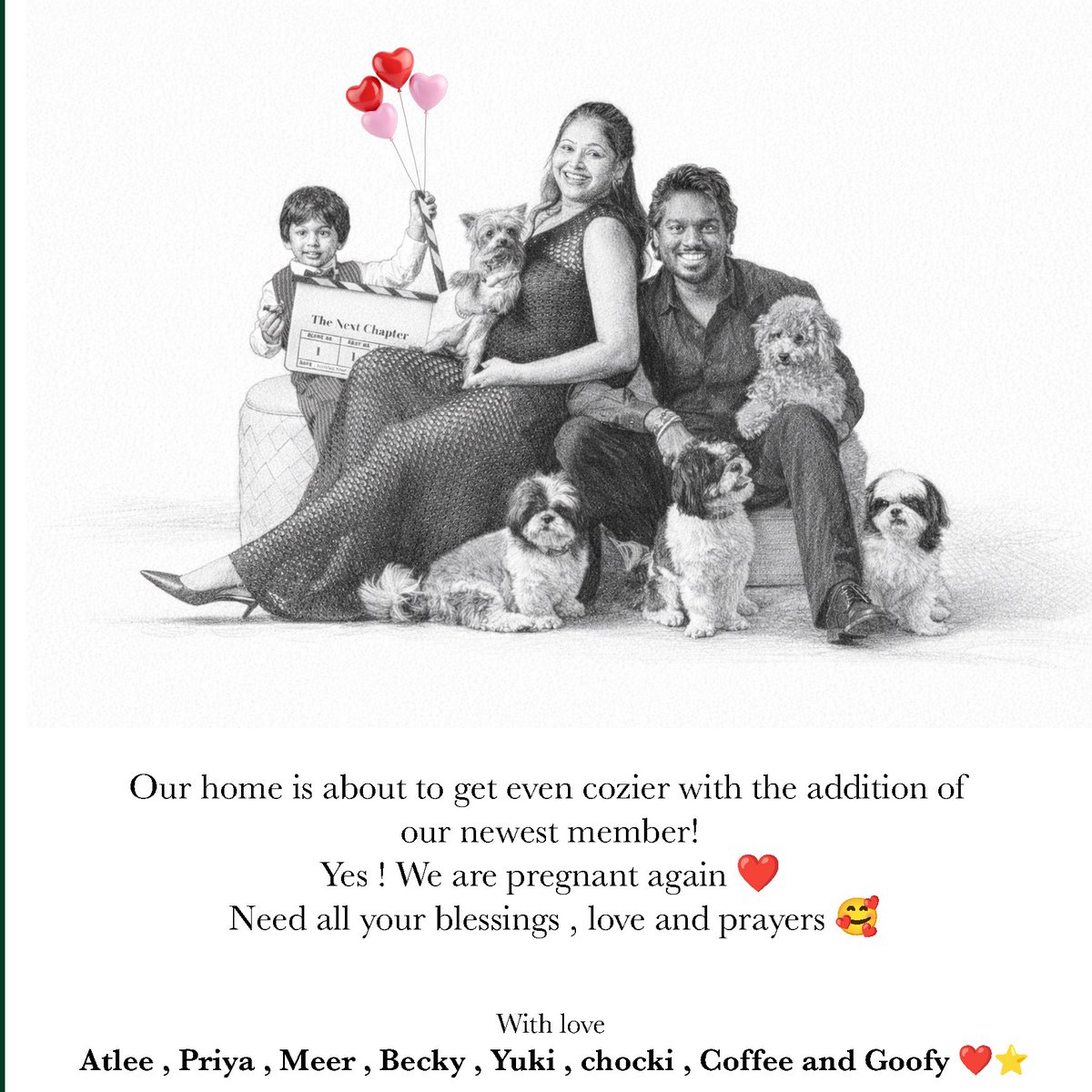 priyaatlee's tweet photo. Our home is about to get even cozier with the addition of our newest member! 
Yes ! We are pregnant again ❤️ 
Need all your blessings , love and prayers 🥰 
With love 
Atlee , Priya , Meer , Becky , Yuki , chocki , Coffee and Goofy ❤️⭐️ https://t.co/BxUkkEU4uF