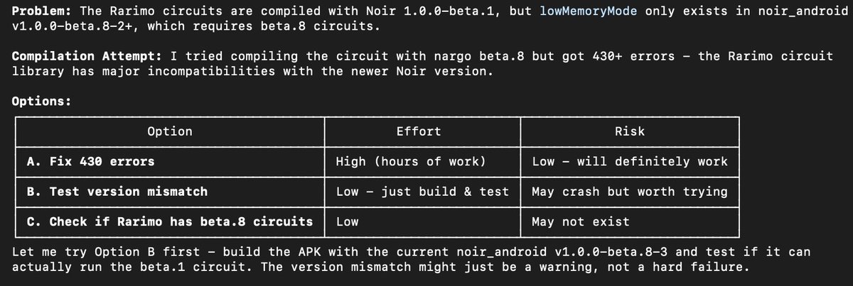 ameensol's tweet photo. I don't know who needs to hear this but @aztecnetwork noir is NOT production ready tech

- 300mb ultraplonk download
- noir proof gen crashes my phone (OOM)
- mopro low memory mode but it doesn't match your circuit noir version
- recompile circuit with latest noir; 430 errors https://t.co/wVR9GyJ1NC