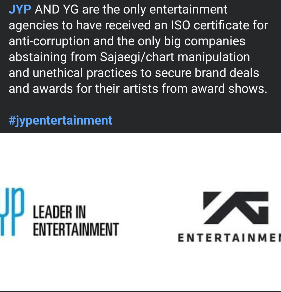 YGtoTheD's tweet image. JYP and YG are the only entertainment agencies to have received certificate anti corruption ( anti payola &amp;amp; sajaegi )  ISO 
Which that every year their company will audit by government and them pass if them failed, the certificate will revoke.