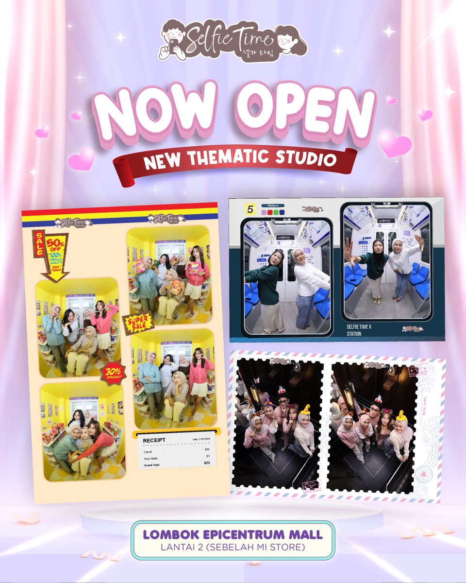 selfietimeid's tweet image. Selfie Time Lombok Epicentrum Mall kini hadir dengan thematic studio baru! 📸✨

Ada Vintage Elevator, Pink Hotel Corridor, MRT, Supermarket, Cinema, dan London Telephone Studio yang estetik banget😍

Yuk seru-seruan bareng!💖
#selfietimeid #ThematicStudio #photobooth #infolombok