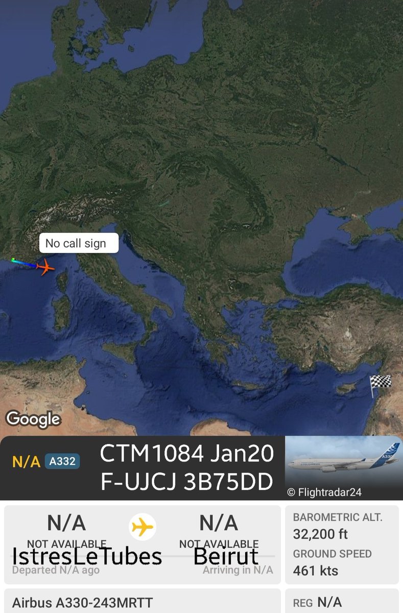 LebanonJets's tweet photo. 1st #France AirForce A330MRTT into Lebanon since October #FUJCG #3B75DD on the way from IstresLeTube to Beirut as #CTM1084 partially hidden on some tracking starting June2025 while still available on some others https://t.co/VRxa2zW1db