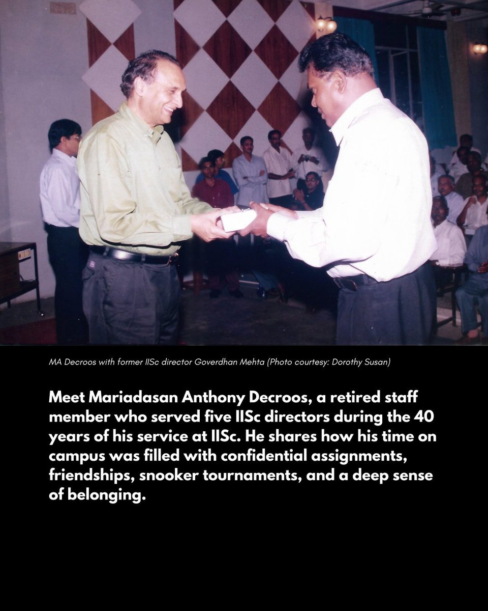 Connect_IISc's tweet photo. MA Decroos, a retired staff member, reflects on his life and journey from Colombo to IISc, his experience working with sealed question papers to supercomputer plans, and campus memories and friendships, in this interview with Kavitha Harish.

Read: https://t.co/aSNrdlJGjo https://t.co/VLrRw7Aijv