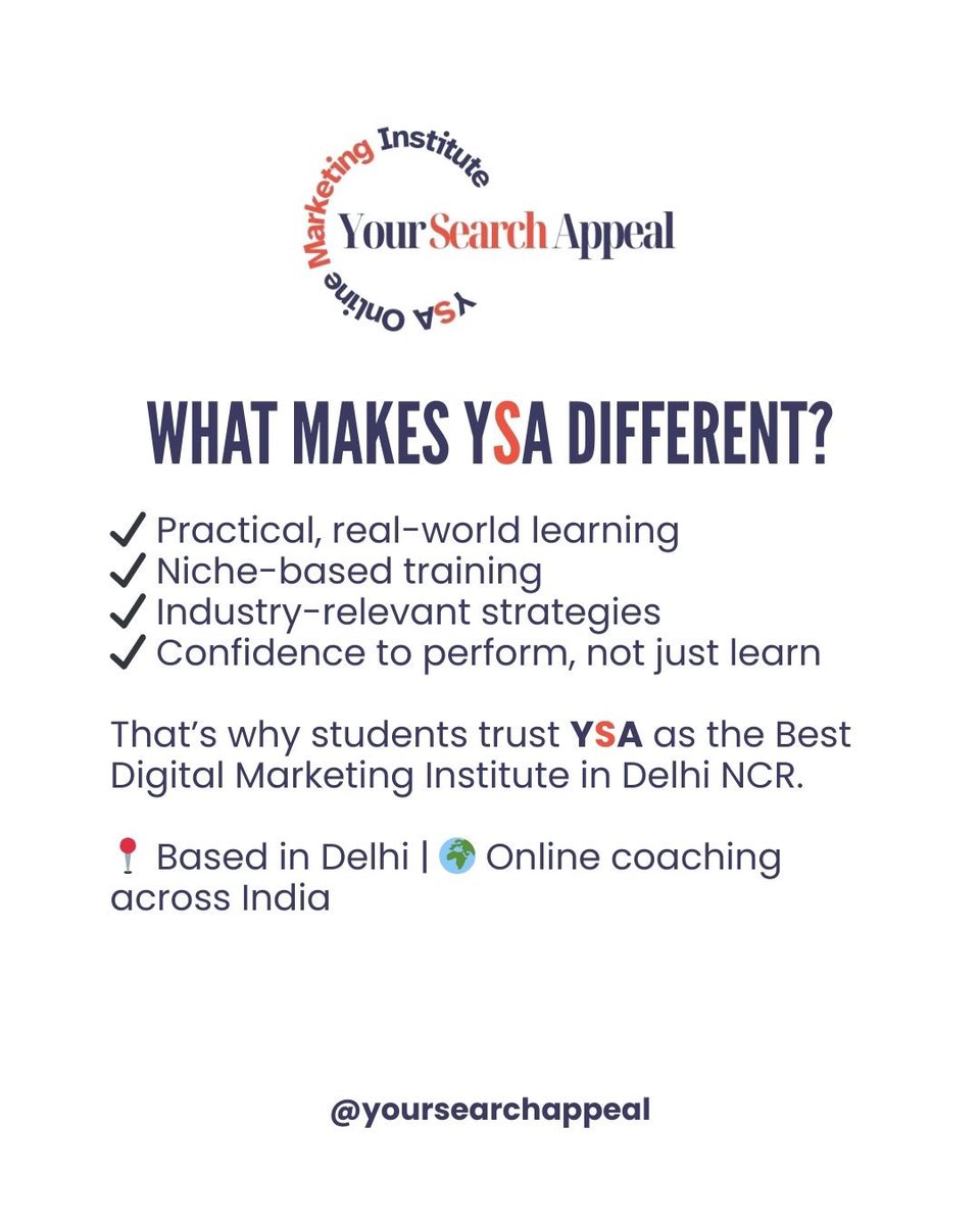 YsaInstitute's tweet photo. Learning digital marketing isn’t about tools — it’s about real-world execution.

At Your Search Appeal (YSA), the Best Digital Marketing Institute in Delhi NCR, we train students to master their niche with practical, market-driven learning.

#BestDigitalMarketingInstituteInDelhi https://t.co/B9Z0QkRqdO